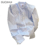 Huibaolu Blue Summer Chic Dot Stand Neck Women Shirt French New Basic Long Sleeve Fashion Spell Color Casual Simple Female Shirt