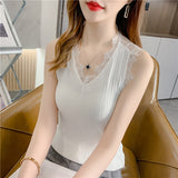 Huibaolu Sexy V Neck Lace Knitted Shirt Vest Women Summer Black Slim Ice Sleeveless Blouse Casual Fashion Office Lady Tops 25380