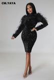 Huibaolu Women Sequined Fur Splicing Long Sleeve Cutout Backless Bodycon Midi Dress 2023 Evening Sexy Party Club Prom Dresses