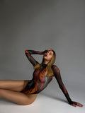 Huibaolu Tie Dye Bodysuit Long Sleeve Lingerie Body Uncensored Tight Fitting Woman Crotchless Mesh Sexy Tops See Through Outfit