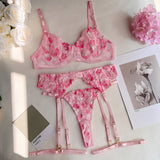 Huibaolu Fancy Lingerie Floral Embroidery Underwear 3-Piece Luxury Lace Garter Brief Sets Bra And Panty Sexy Outfit Intimate