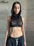 Huibaolu Summer streetwear y2k Solid Knitted Hooded crop Tops For Women Black Bodycon see through tees Top white T shirt femals