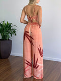 huibaolu Print Backless Spaghetti Strap Cami Tops &amp; High Waist Wide Leg Pants Set Summer Women Two Piece Set