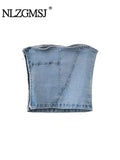 Huibaolu TRAF Women Fashion Side Zipper Denim Crop Camis Bustier Tops Vintage Backless Sexy Tanks Female Camis Mujer