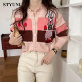 Huibaolu Embroidery Cartoon Cute Style Knitted Women's Sweater Cardigan Round Neck Korean Fashion Short Jacket Coat Cardigans 2023