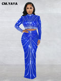 Huibaolu Elegang Mesh See Though Diamonds Hot Rhinestones Maxi Long Midi Skirts Sets for Women Sexy Party Two 2 Piece Set Outfits