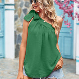 Huibaolu Lace up Bow Women Shirt 2023 Summer Tops One Shoulder Blouse Women Solid Skew Collar Loose Casual Shirts Blusas 26132