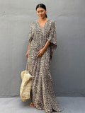 Huibaolu Leopard Self Belted Side Split Summer Beach Dress Long Tunic Women Clothes Plus Size Beachwear Maxi Dress Q1226