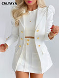 Huibaolu White Suit Women Blazer Set Pull Long Sleeve Blazers A-line Mini Skirt Two 2 Piece Set Suit Outfits Conjunto Femenino