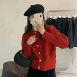 Huibaolu Knitted Cardigans Thick Heart Buttons Autumn Sweaters Women Loose Casual Round Neck Short Tops Soft Sweet Winter O108