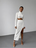 Huibaolu Autumn Sexy Solid Ribbed 2 Two Piece Sets Club Outfit For Women 2023 Long Sleeve O Neck Crop Top And Skirt Sets Female