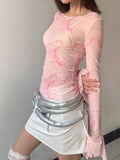 Huibaolu Floral Print Sexy See Through Pink T-shirts Long Sleeve Mesh Tops Korean Chic Harajuku Smock Top y2k Clothes Women 2023