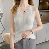 Huibaolu Sexy V Neck Lace Knitted Shirt Vest Women Summer Black Slim Ice Sleeveless Blouse Casual Fashion Office Lady Tops 25380