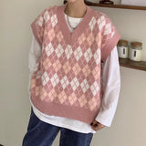 Huibaolu Cardigans Long Sleeve Knitted Argyle Sweater Women Korean Pink Vest Sweaters Female Jumpers Cardigan Jacket with Buttons