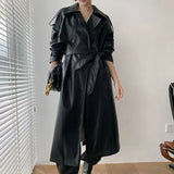 Huibaolu Women Long Jacket Oversized Faux Leather Korean Fashion Coat Lapel Loose Office Lady Streetwear Double Breasted Tops