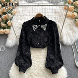 Huibaolu Vintage Flower Embroidered Flares Polo-Neck Women's Blouse Shirt Long Sleeve Single Breasted Loose Female Blouses Tops