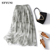 Huibaolu Dye Ink Print Vintage High Elastic Waist A-line Loose Women's Skirt Korean Fashion Knee-Length Long Skirts For Women 2023