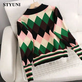 Huibaolu Embroidery Patchwork Peter Pan Collar Knitted Women's Sweater Lantern Striped Sleeve Korean Fashion High Street Pullovers