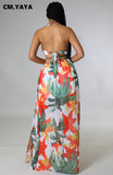 Huibaolu Elegant Women Floral Halter V-neck Backless Cut Out Waist Chain Sleeveless High Side Split Fit Flare Maxi Long Dresses