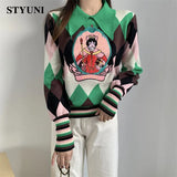 Huibaolu Embroidery Patchwork Peter Pan Collar Knitted Women's Sweater Lantern Striped Sleeve Korean Fashion High Street Pullovers