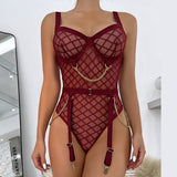 Huibaolu Plaid Bodysuit Sensual Lingerie With Chain Open Crotchless Teddy Bear Transparent Lace Sissy Erotic Body Sexy Tights