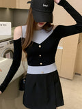 Huibaolu Fake Two Patchwork Knitted Sweater Women Autumn Slim Sexy Off Shoulder Sweaters Cropped Pullover 2023 Winter Woman Jumper