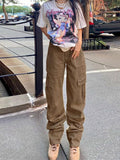 Huibaolu Khaki Wide Leg Cargo Jeans High Waist Big Pockets Baggy Denim Trousers Casual Oversized Pants Street Sweatpants Iamhotty