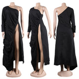 Huibaolu Vintage Women One Shoulder Long Sleeve High Side Split Ruched Up Stacked Side Maxi Long Dress Fashion Street Dresses