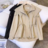 Huibaolu Lapel Trench Jacket Women Baggy Casual Drawstring Fall Cozy Korean Vintage Sweet High-quality Party Jacket