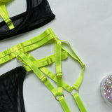 Huibaolu Female Lingerie Porn Sexy Costume Hollow Out Bandage Halter Bra Thongs With Belt Stocking Neon You Can See Underwear