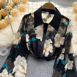 Huibaolu Print Chiffon Vintage Transparent Thin Women's Blouse Shirt Polo-Neck Lantern Sleeve Pullover Blouses Spring Summer 2023