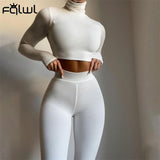 Huibaolu Winter Casual Two 2 Piece Set Sweatsuits Tracksuit For Women Outfits Turtleneck Crop Top Pants Suits Black Matching Sets