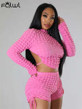 Huibaolu Fall Summer Pink Bodycon Two 2 Piece Sets Womens Outifits Long Sleeve Crop Top Bandage Shorts Matching Sets Female 2023