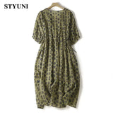 Huibaolu Green Polka Dot Vintage Linen Cotton Women's Dress V-Neck Half Sleeve A-Line Elastic Waist Loose Mid-Calf Dresses For Women