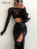 Huibaolu 2023 Autumn Winter Black Pencil Skirts Women Pu Leather Sexy High Waist Split With Belt Midi Skirt Bodycon Party