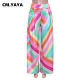 Huibaolu Elegant Women Colorful Striped High Waist Loose Wide Leg Pants 2023 Summer Beach Boho Holiday Casual Trousers