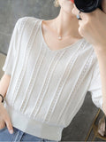 Huibaolu Hollow Out Crop Top Tee Shirt Femme V Neck Short Sleeve Tees Striped T Shirt Women Summer Women Clothes 2023 Tops Mujer