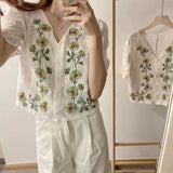 Huibaolu Knitted Women Blouses Chic V-neck Floral Embroidery Women Shirt Short Sleeve Vintage Blouse Cotton Linen Tops Blusa 20612