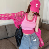 huibaolu Women Spring Hollow Out Crop Knitting Pure Casual Temperament Trendy Aesthetic Y2k Clothes Rosy Cute Кардиган Женский