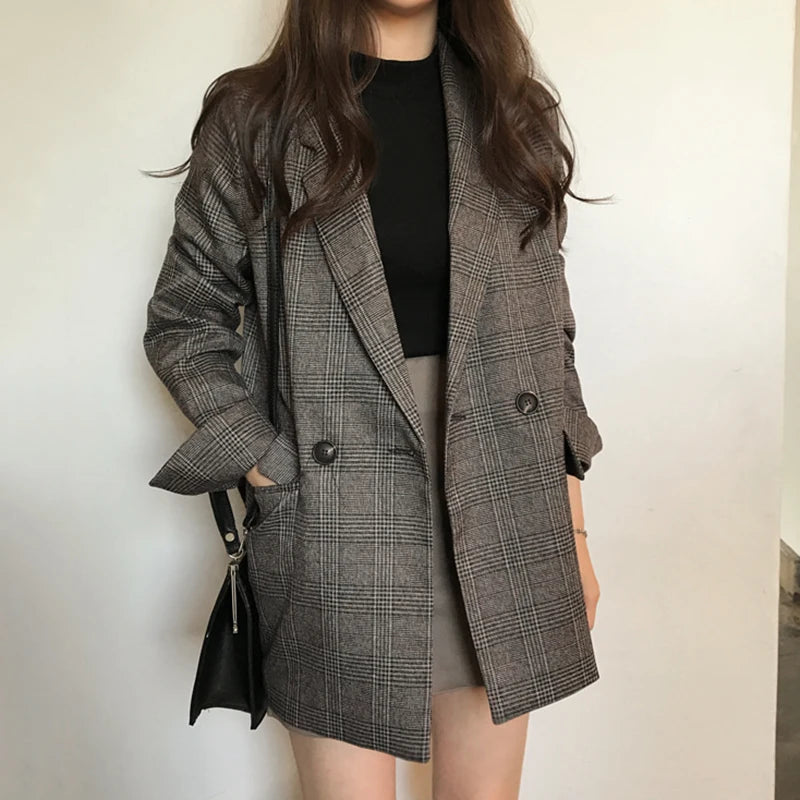 Huibaolu 2023 Plaid Double Breasted Pockets Formal Jackets Checkered Winter Spring Women's Blazers Outerwear Tops