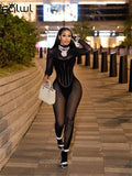 Huibaolu Mesh Sexy Bodycon Rompers Womens Jumpsuits Long Sleeve Jumpsuits One Piece Outfits 2023 Fall See Though Jumpsuits Women