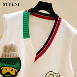 Huibaolu Duck Embroidery Vintage V-Neck Knitted Sweaters Women Vest Korean Fashion Sleeveless Pullover Sweater Woman Winter 2023