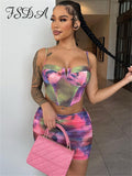 Huibaolu Print Spaghetti Strap Backless Corset Crop Top And Mini Bodycon Skirt Two Piece Set Women Summer Sexy Beach Party Outfits