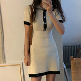 Huibaolu Down Collar Knitted Dress Women Short Sleeve Mini Dress High Waist Dresses Korean Elegant Office Lady Bodycon Vestidos N324