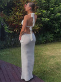 Huibaolu Knitted Maxi Dress for Beach Hollow Out Sexy Backless Long Summer Dress Sleeveless Party Club Beachwear Outfits 2023