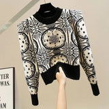 Huibaolu Acrylic Knitted Diamonds Beading O-Neck Long Sleeve Women's Sweater Korean Fashion Chic Pullover Sweaters Autumn Winter