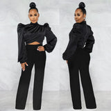 Huibaolu Elegant Two 2 Piece Set Outfits for Women Satin Ruched Draped Blouse and Straight Pants Suit Autumn Winter Clothing