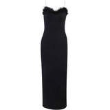 Huibaolu Sexy Party Bodycon Dresses for Women 2023 Fashion Off the Shoulder Backless Black Dress Fur Collar Elegant Evening Dress