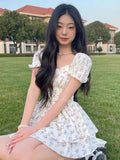 huibaolu Waist Dress Women Summer Floral Sweet Square Collar Puff Sleeve Princess Girlish Tender Elegant Korean Style Preppy Chic