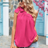 Huibaolu Lace up Bow Women Shirt 2023 Summer Tops One Shoulder Blouse Women Solid Skew Collar Loose Casual Shirts Blusas 26132